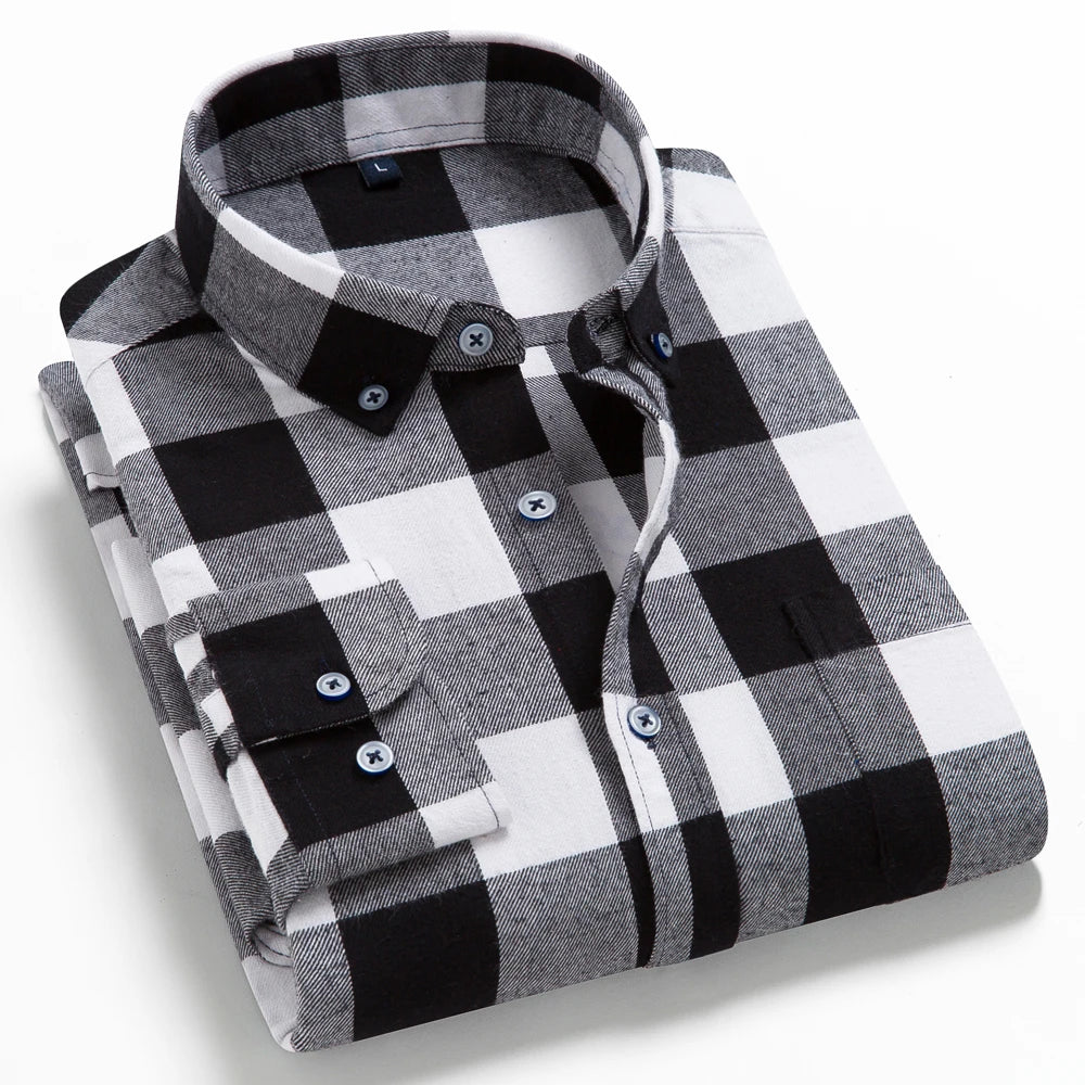 Moda masculina casual xadrez escovado camisa de manga longa, confortável 100% algodão botão para baixo fino ajuste grosso flanela camisas de outono