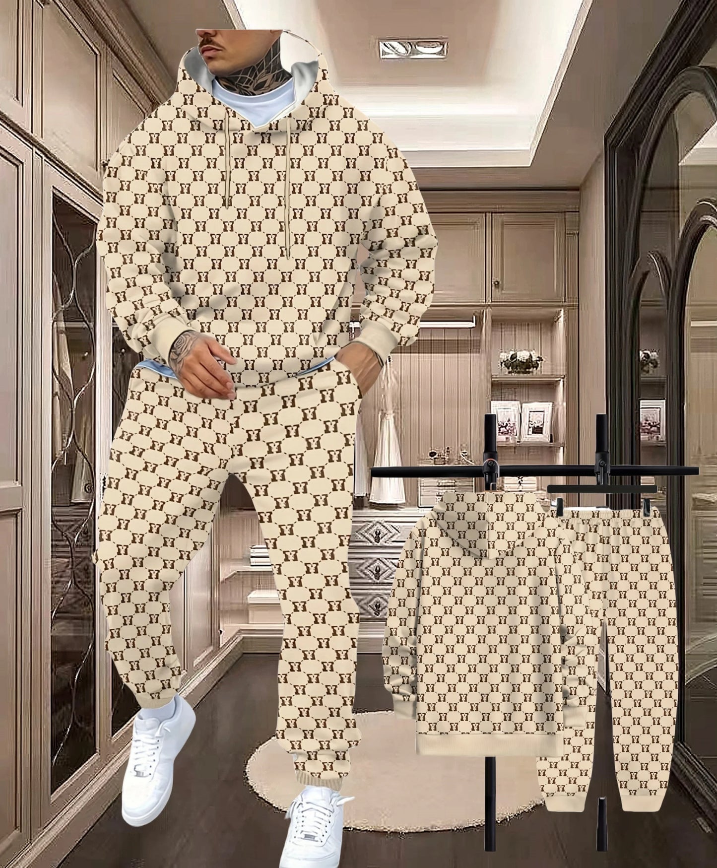 2526 nova primavera e outono conjunto de calças com capuz 3d impresso moda rua carta elementos masculino e feminino casual conjunto com capuz