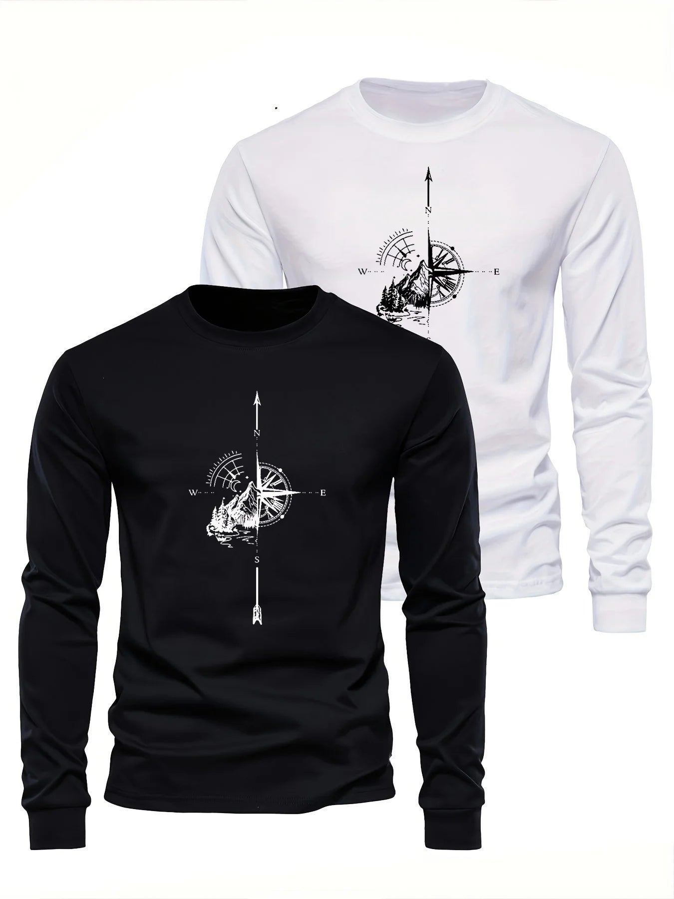 100% algodão puro masculino solto ajuste confortável esportes e lazer montanha bússola padrão impresso em torno do pescoço manga comprida camiseta