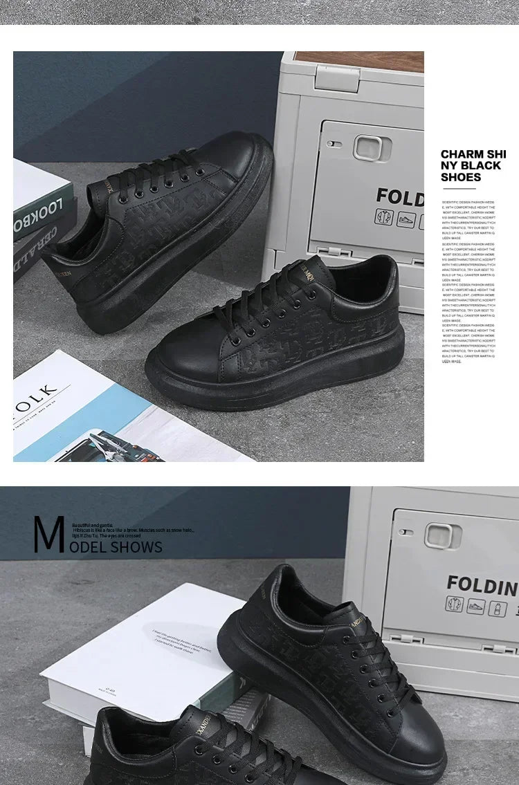 2025 novos sapatos masculinos primavera e outono de sola plana sapatos casuais de couro sapatos esportivos preto e branco masculino de sola grossa respirável