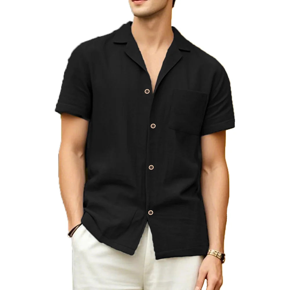 Camisas masculinas de manga curta verão cor sólida respirável solto camisas casuais praia férias estilo masculino topos camisetas