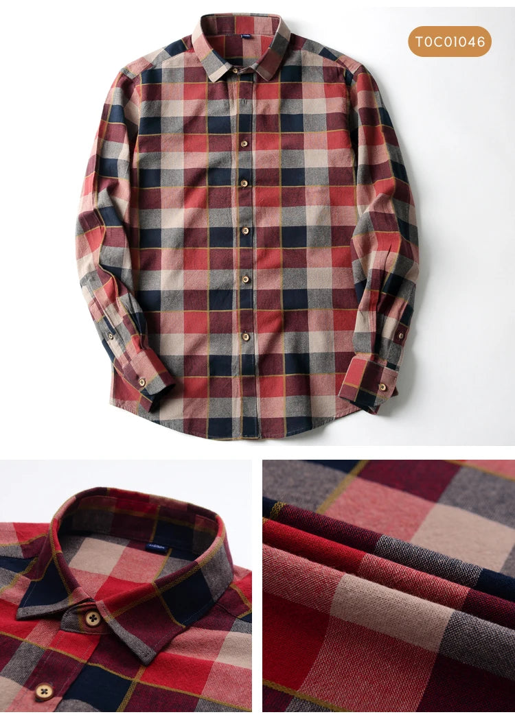 Moda masculina casual xadrez escovado camisa de manga longa, confortável 100% algodão botão para baixo fino ajuste grosso flanela camisas de outono