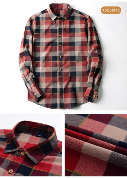 Moda masculina casual xadrez escovado camisa de manga longa, confortável 100% algodão botão para baixo fino ajuste grosso flanela camisas de outono