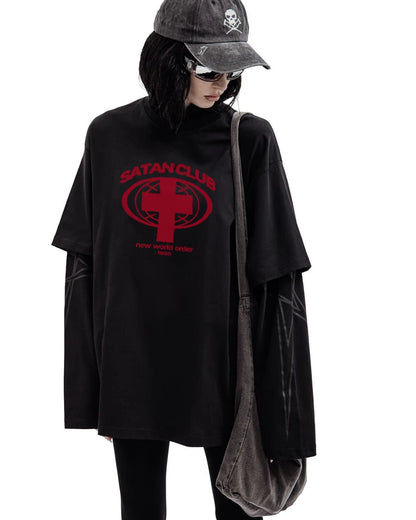 Camiseta gráfica estampada do Satan Club dos homens, roupas Hip Hop, tops de manga comprida, streetwear gótico, Harajuku, Y2K, Hip Hop, 2 peças