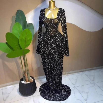 Vestidos de jantar elegantes para mulheres vestidos de festa de aniversário 2025 outono moda impressa manga cheia cabido ruched maxi vestido longo