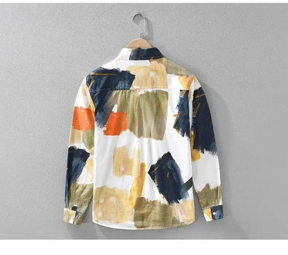Primavera japonês cor-bloqueio graffiti design camisa de manga comprida personalidade na moda masculina solta casual impressão versátil