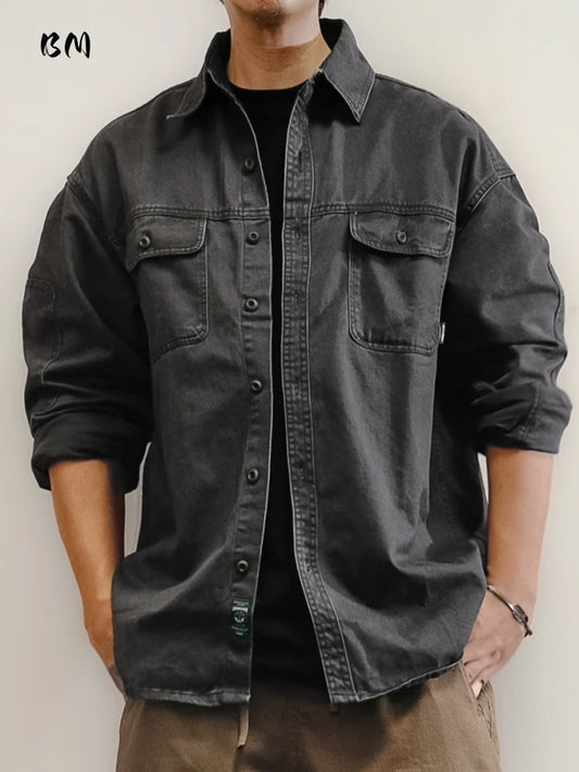 ‌ Camisa de trabalho japonesa vintage lavada para homens sarja pesada algodão manga longa oversized angustiado casual alta qualidade topo