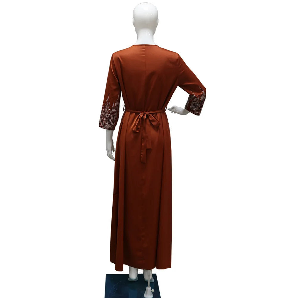 Vestido muçulmano de cetim para mulheres, Abaya Dubai, roupão de jantar, roupas diamantadas, moda