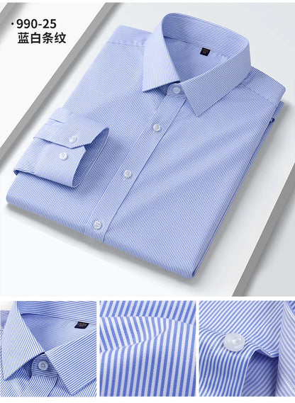 Camisa elástica anti-rugas masculina, manga comprida, slim fit, blusa social e de negócios, vestido branco, qualidade