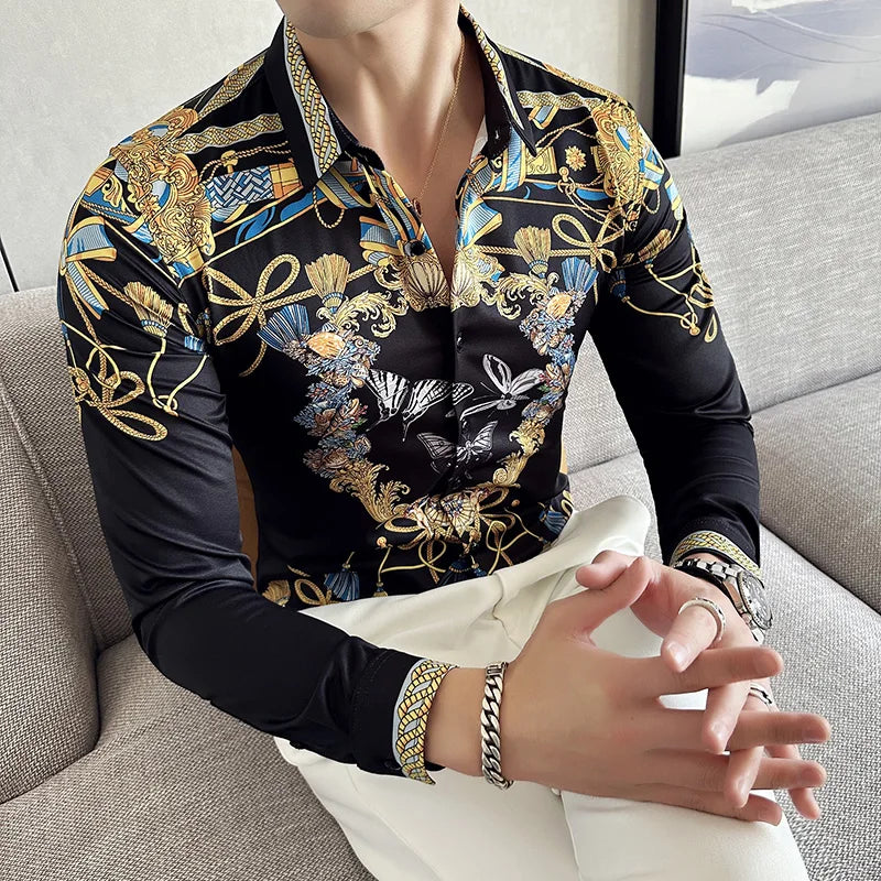 Camisa Coreana Estampada Masculina, Manga Comprida, Fina, Vestido, Festa, Negócios, Social, Boutique, Luxo, Primavera, Outono, 6XL