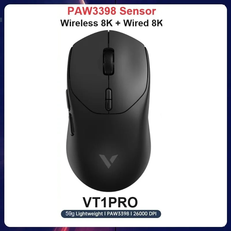 Rapoo vt3pro mouse para jogos sem fio 59g superleve 8khz taxa de pesquisa 26000 dpi paw3398 sensor óptico final longa vida útil da bateria