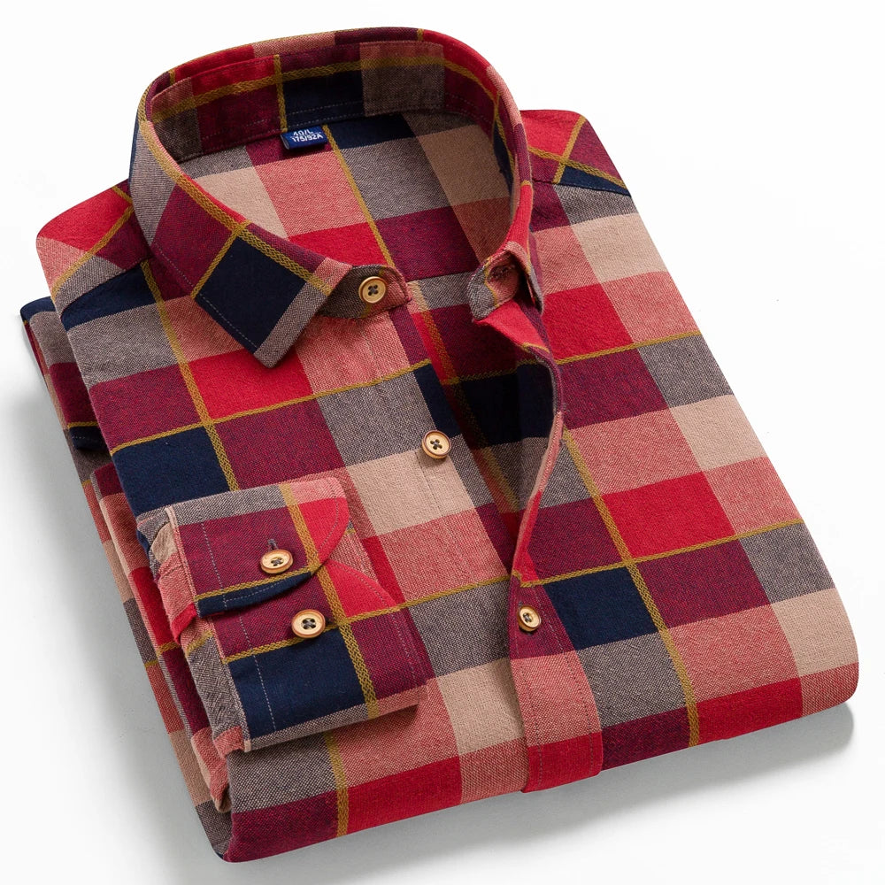 Moda masculina casual xadrez escovado camisa de manga longa, confortável 100% algodão botão para baixo fino ajuste grosso flanela camisas de outono
