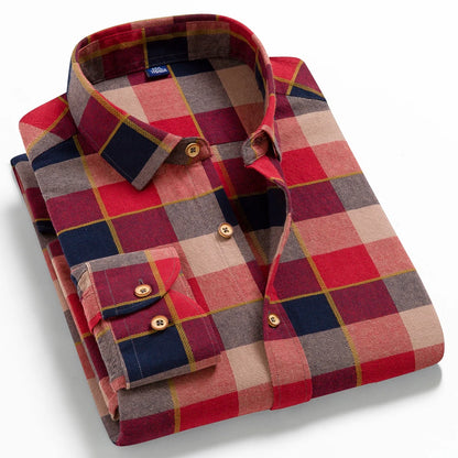 Moda masculina casual xadrez escovado camisa de manga longa, confortável 100% algodão botão para baixo fino ajuste grosso flanela camisas de outono