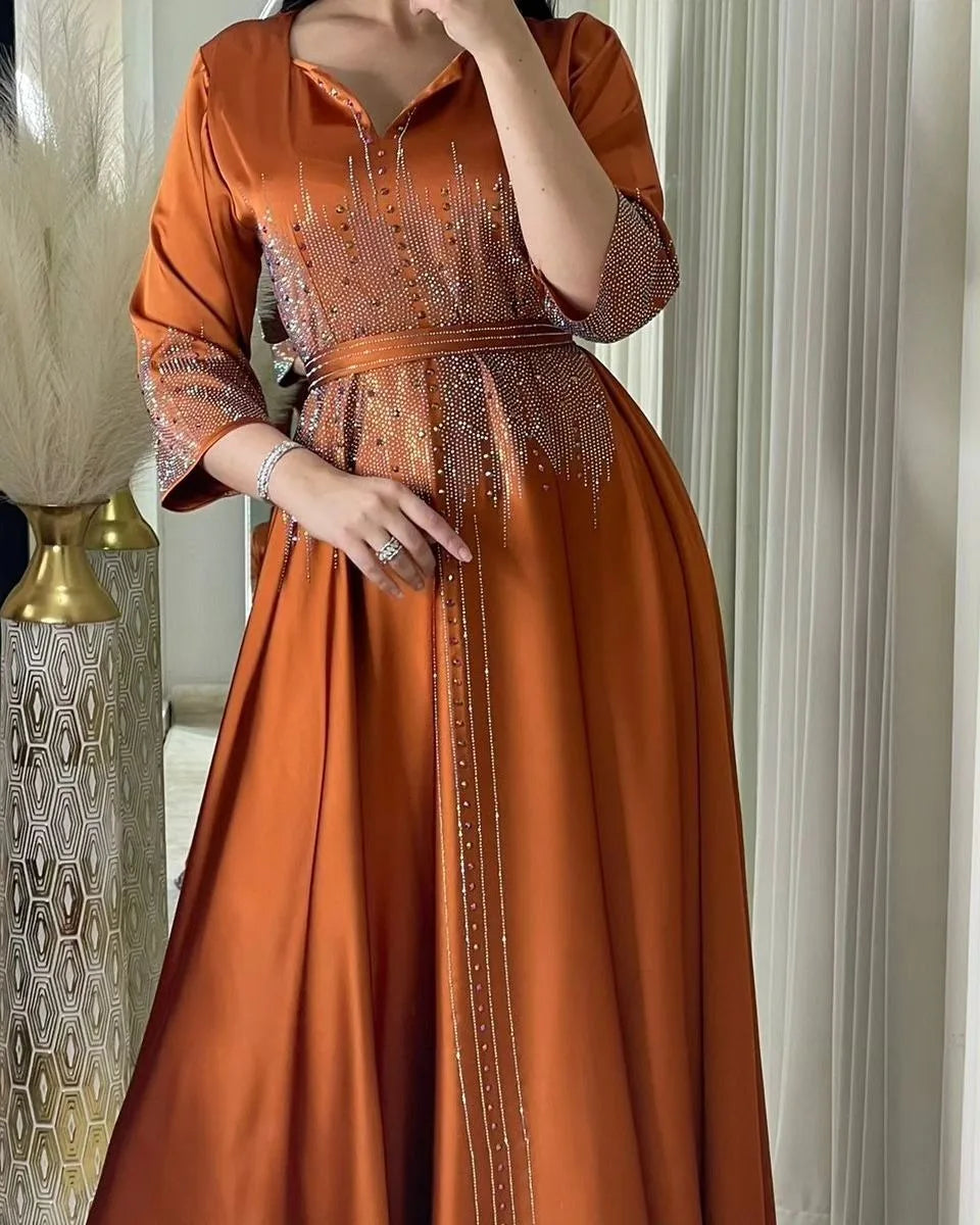 Vestido muçulmano de cetim para mulheres, Abaya Dubai, roupão de jantar, roupas diamantadas, moda