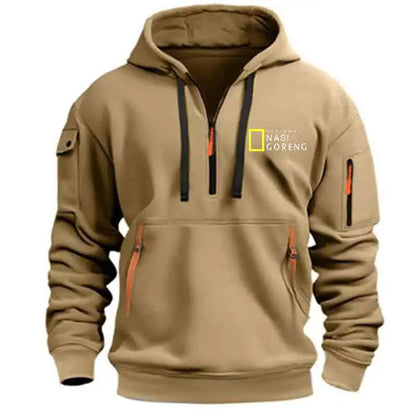 2025 meio zíper impressão hoodie masculino multi-bolso casual esportes manga longa com capuz moletom diário moda fitness pulôver