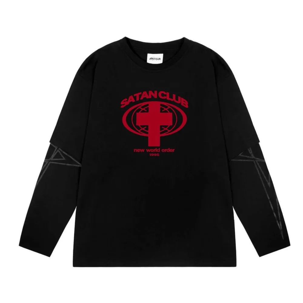 Camiseta gráfica estampada do Satan Club dos homens, roupas Hip Hop, tops de manga comprida, streetwear gótico, Harajuku, Y2K, Hip Hop, 2 peças