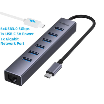 Forida USB 3.0 Hub 8 em 1 USB para rede HUB com 6 portas USB 3.0 de transmissão de dados Gigabit Ethernet e hub adaptador de alimentação 5V/3A