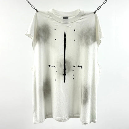 Crânio vermelho impressão de dedo buraco danificado saint tanque t das mulheres dos homens streetwear colete de grandes dimensões vintage washe preto sem mangas t camisa