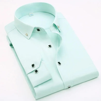 Qualidade de luxo masculino diamante botão sólido vestido camisa casual padrão-ajuste confortável macio camisa de manga longa roupas masculinas