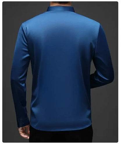 Outono inverno mais lã camisas masculinas impressão anti-rugas térmica turn-down colarinho manga longa banquete único breasted topos