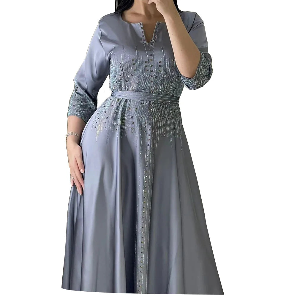 Vestido muçulmano de cetim para mulheres, Abaya Dubai, roupão de jantar, roupas diamantadas, moda