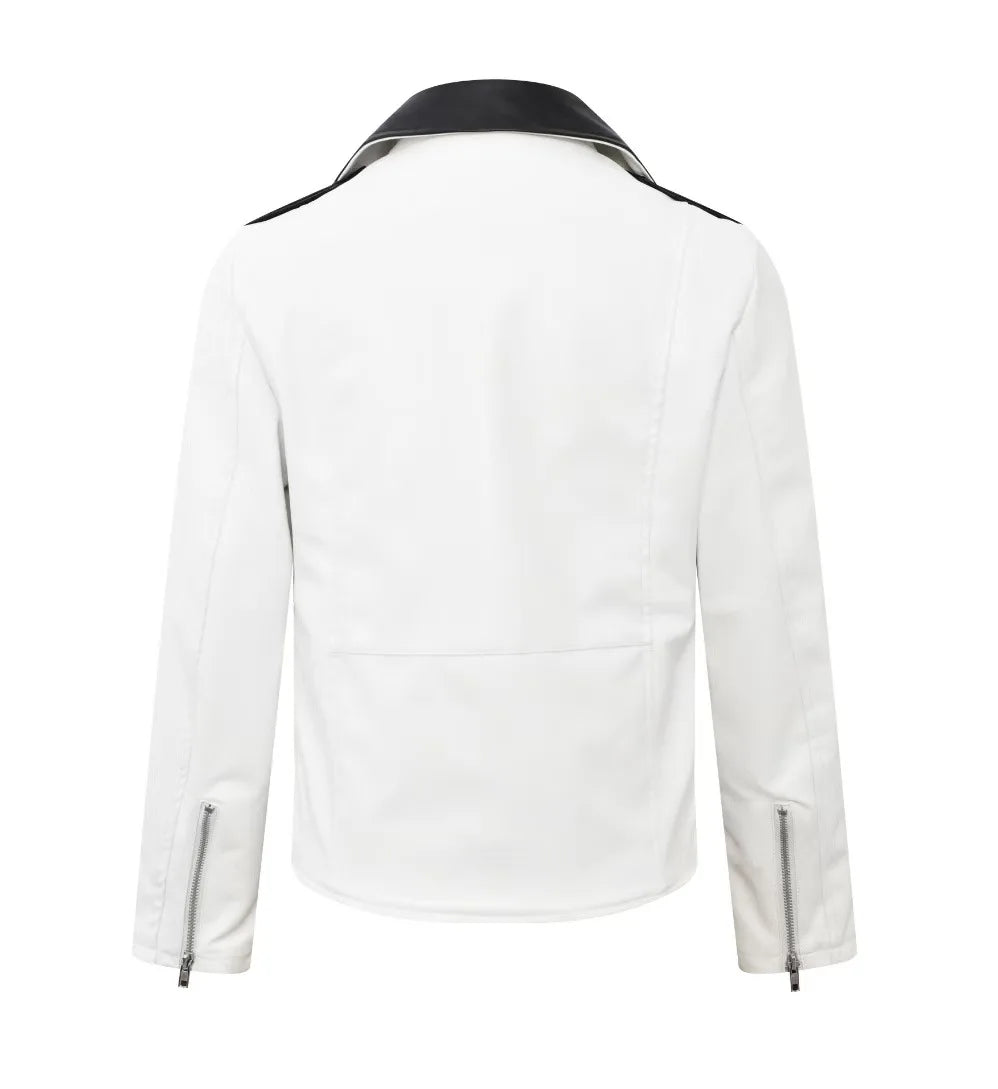 2025 masculino novo bonito, novo zíper oblíquo, jaqueta de couro PU locomotiva combinando com cores casuais