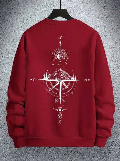 Outono e inverno masculino moda casual solto montanha e bússola impressão gráfica manga comprida em torno do pescoço moletom