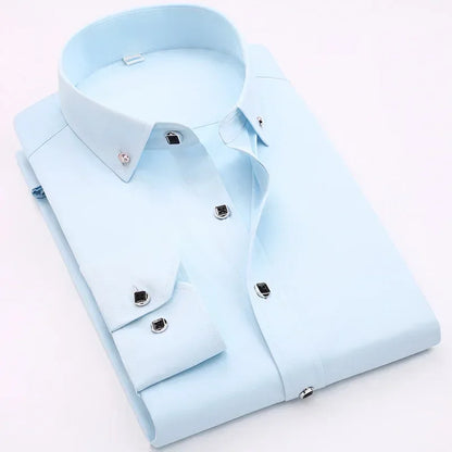 Qualidade de luxo masculino diamante botão sólido vestido camisa casual padrão-ajuste confortável macio camisa de manga longa roupas masculinas