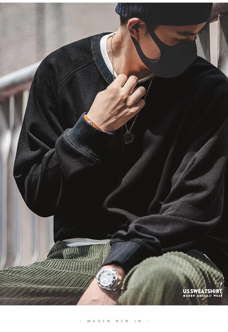 Maden-Hoodies grandes vintage masculino, moletom solto de algodão, monocromático, espesso, moletons quentes, casual, tricô, roupas masculinas