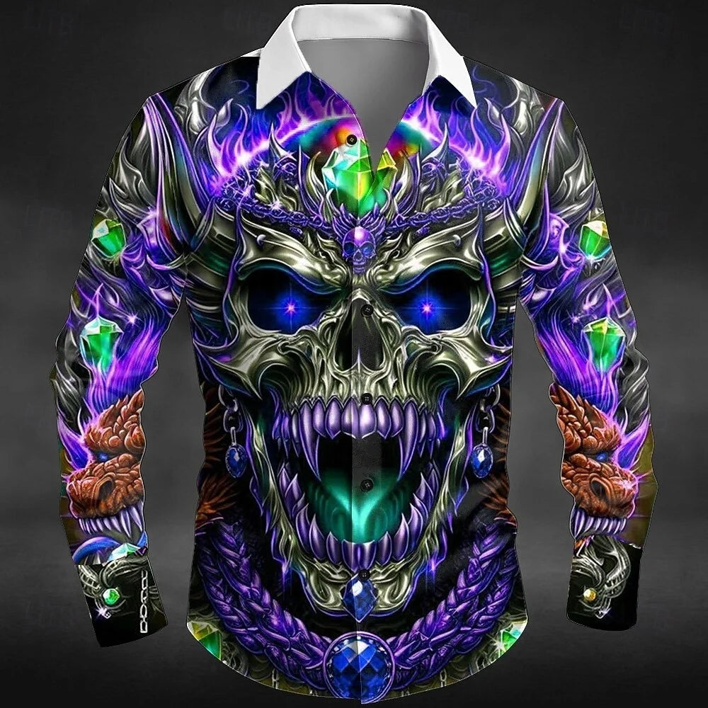 Nova camisa masculina de manga comprida com estampa de caveira para Halloween, camisa com gola 3D adequada para primavera, outono e inverno