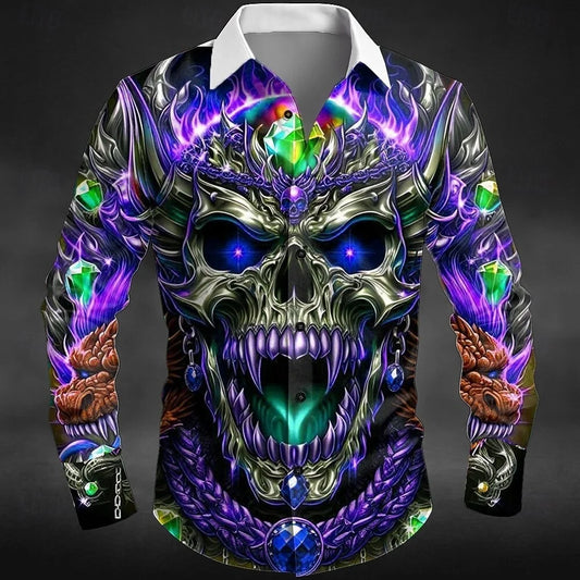 Nova camisa masculina de manga comprida com estampa de caveira para Halloween, camisa com gola 3D adequada para primavera, outono e inverno