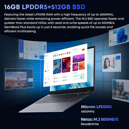 Chuwi gemibook plus laptop intel n100/n150 gráficos para 12a geração 15.6 "1920*1080p 16gb ram 512gb ssd com ventilador de refrigeração windows 11