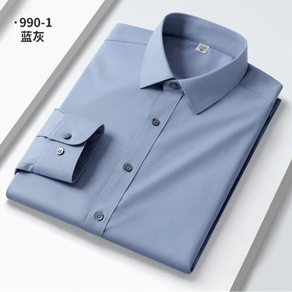 Camisa elástica anti-rugas masculina, manga comprida, slim fit, blusa social e de negócios, vestido branco, qualidade