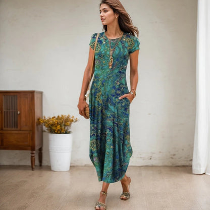 Vestidos de festa de verão novo casual moda impresso vestidos de bolso vintage floral impressão manga curta vestidos arty para mulher