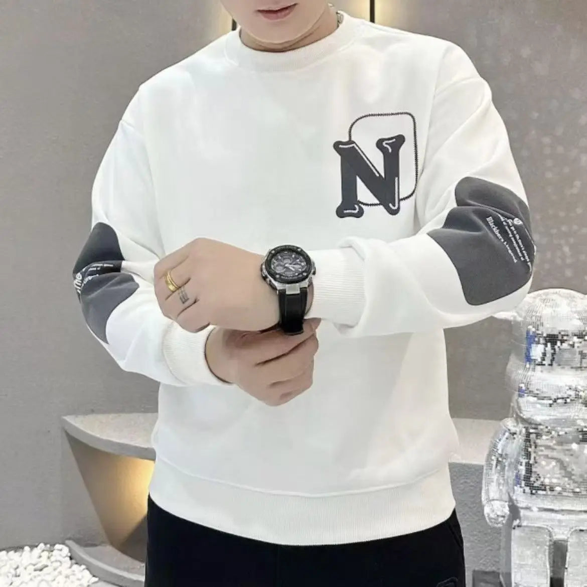 Tendência contraste retalhos impressão carta hoodies moletom primavera outono manga longa solta casual topos moda preguiçoso roupas masculinas