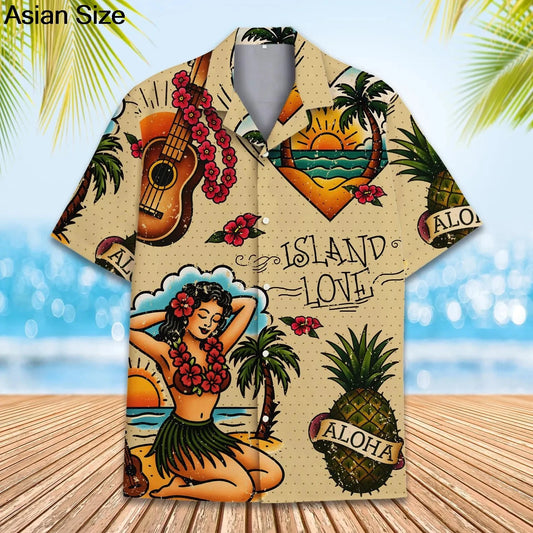 Camisas Hula Girl Aloha, camisas havaianas amarelas Hula Girl Beach, manga curta retrô, camisas unissex de verão Aloha Beach, tops femininos