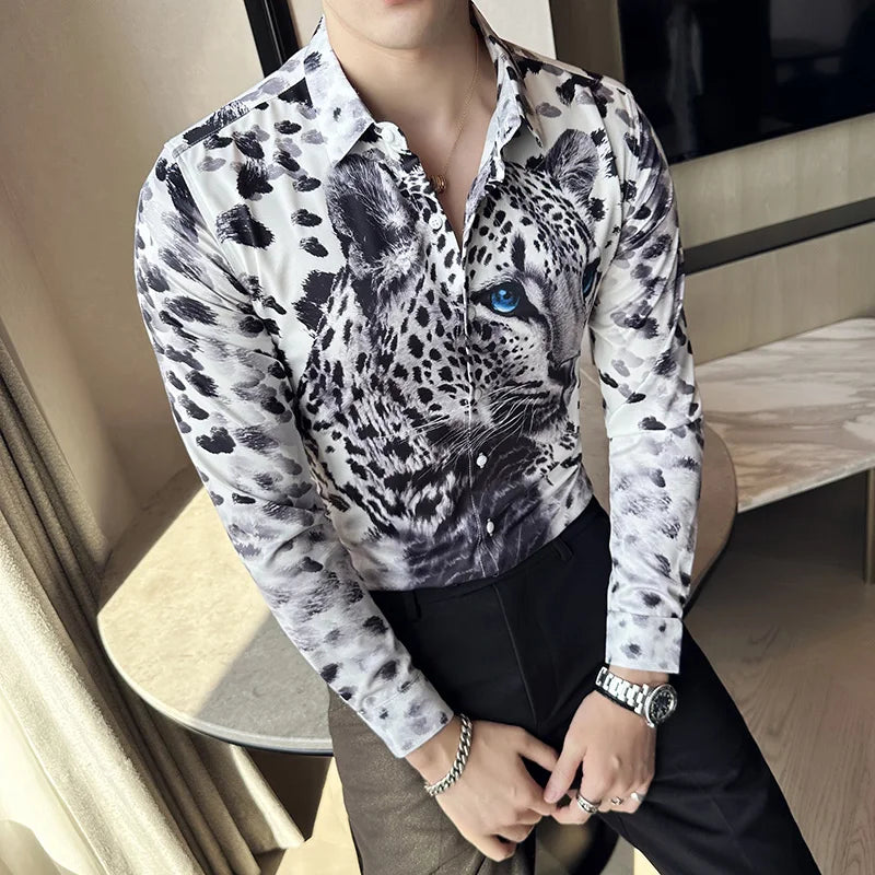Camisa Coreana Estampada Masculina, Manga Comprida, Fina, Vestido, Festa, Negócios, Social, Boutique, Luxo, Primavera, Outono, 6XL