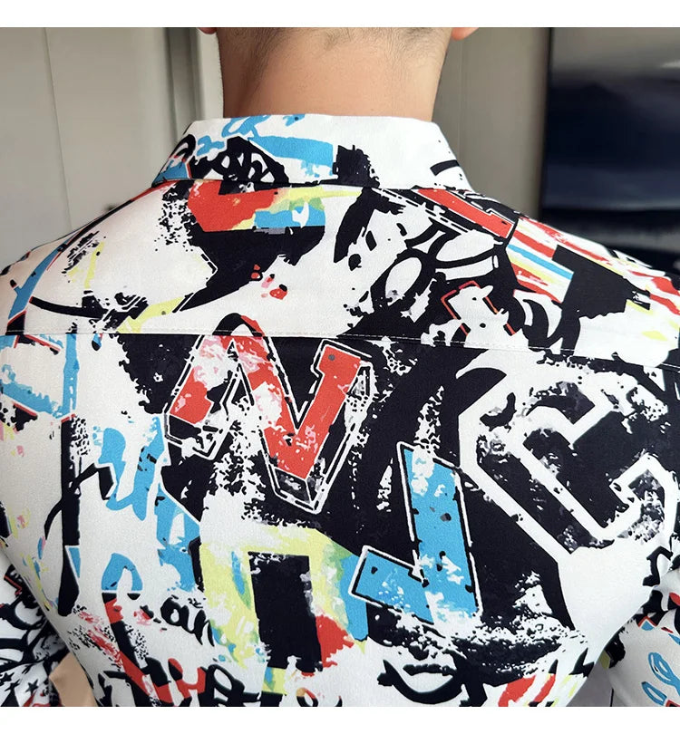 Camisa Coreana Estampada Masculina, Manga Comprida, Fina, Vestido, Festa, Negócios, Social, Boutique, Luxo, Primavera, Outono, 6XL