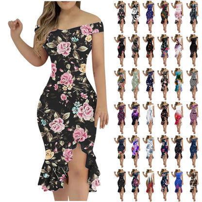 Vestido de festa feminino na altura do joelho, sexy fora do ombro, plissado dividido, bodycon monocromático, glitter, vestidos elegantes, moda feminina