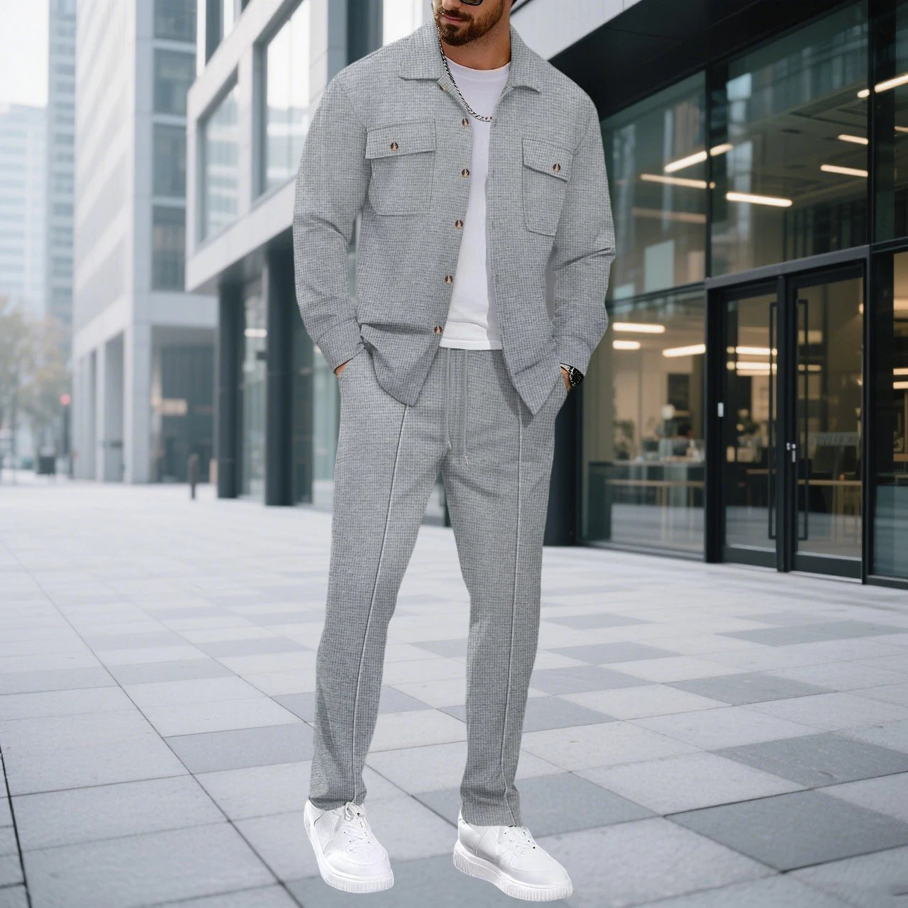 Jaqueta masculina de trabalho com verificação de waffle, jaqueta elegante com botão de lapela e calças compridas, confortável, respirável, casual, roupa de negócios, 1/2 peças