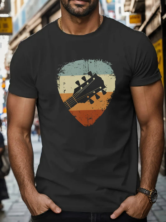 Verão masculino 100% algodão puro moda casual solto retro guitarra padrão impresso em torno do pescoço manga curta camiseta topo