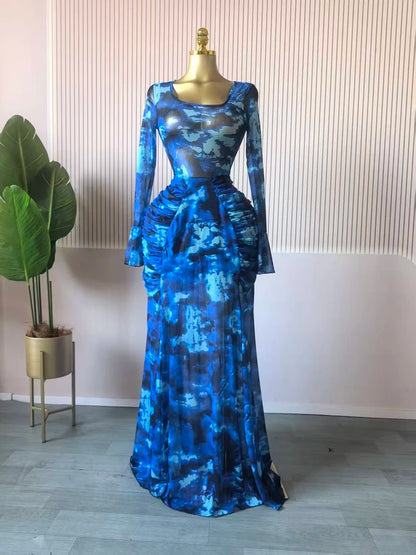 Vestidos de jantar elegantes para mulheres vestidos de festa de aniversário 2025 outono moda impressa manga cheia cabido ruched maxi vestido longo