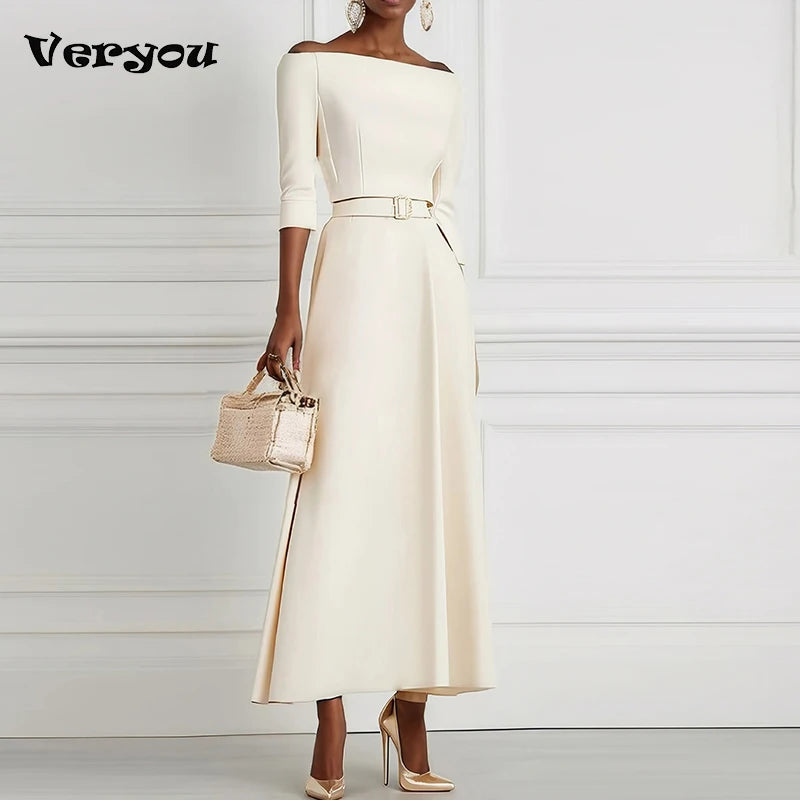 Vestidos de festa elegantes para mulheres um ombro meia manga cintura alta a linha vestido longo feminino vestido de escritório branco