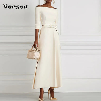 Vestidos de festa elegantes para mulheres um ombro meia manga cintura alta a linha vestido longo feminino vestido de escritório branco
