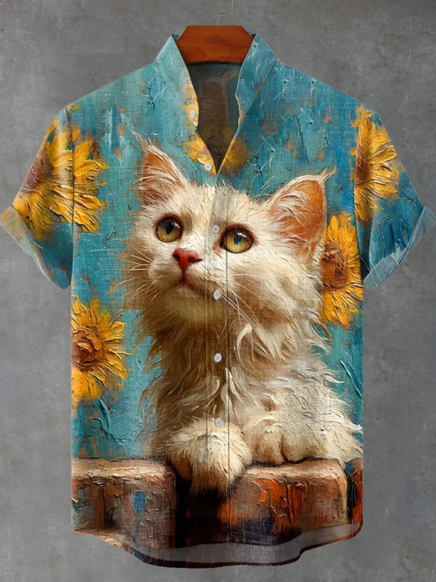 2025 moda casual masculina nova camisa de linho arte impressão bonito gato padrão camisas moda rua casual confortável camisa masculina