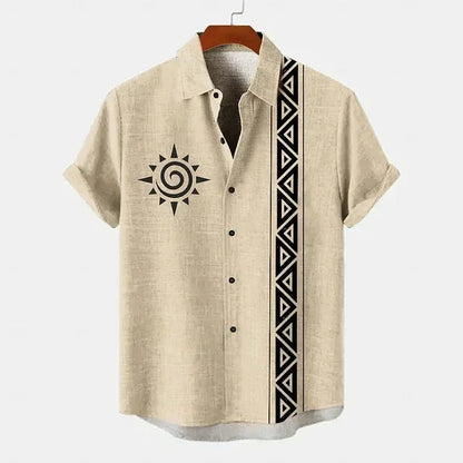 Camisa masculina vintage padrão étnico impresso manga curta lapela camisa verão moda casual rua lapela topo tamanho grande comf