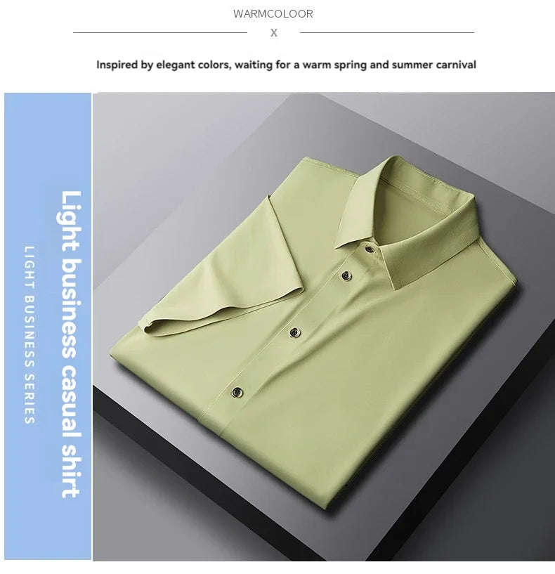 Nova alta qualidade de seda gelo negócios masculinos casual camisa de manga curta verão ultra-fino respirável esportes ao ar livre cor sólida topo