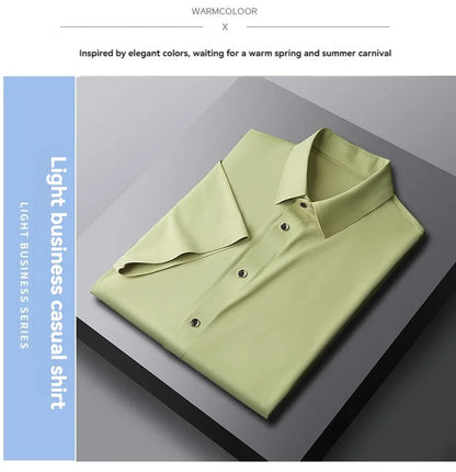 Nova alta qualidade de seda gelo negócios masculinos casual camisa de manga curta verão ultra-fino respirável esportes ao ar livre cor sólida topo