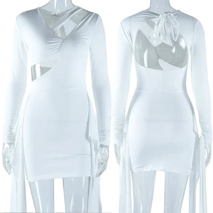 Elegante vestido de manga comprida bodycon feminino, Oco Out, Com Renda, Sem Costas, Atadura, Preto, Branco, Clube, Festa