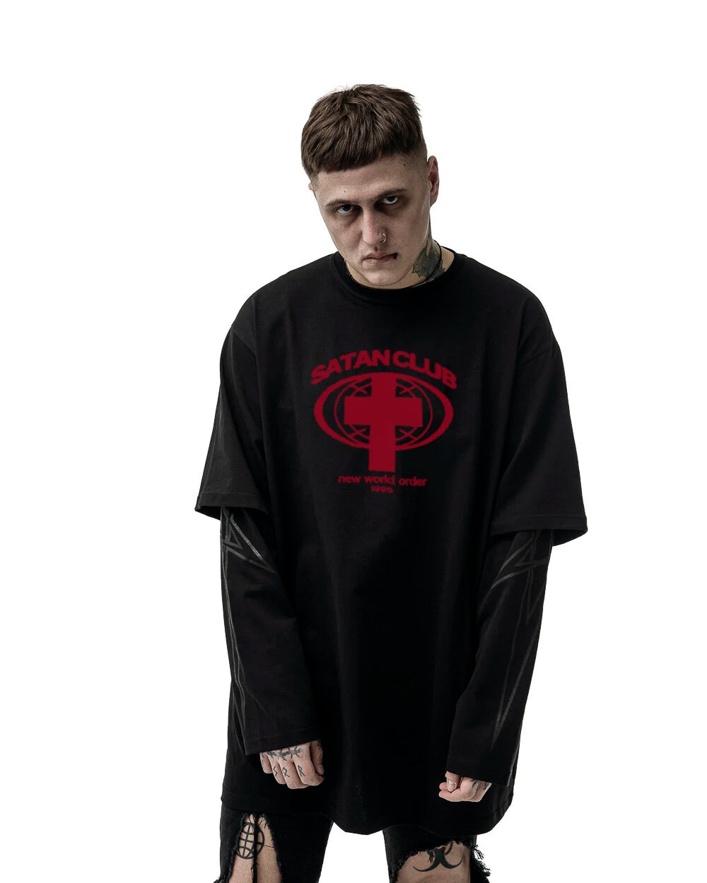 Camiseta gráfica estampada do Satan Club dos homens, roupas Hip Hop, tops de manga comprida, streetwear gótico, Harajuku, Y2K, Hip Hop, 2 peças